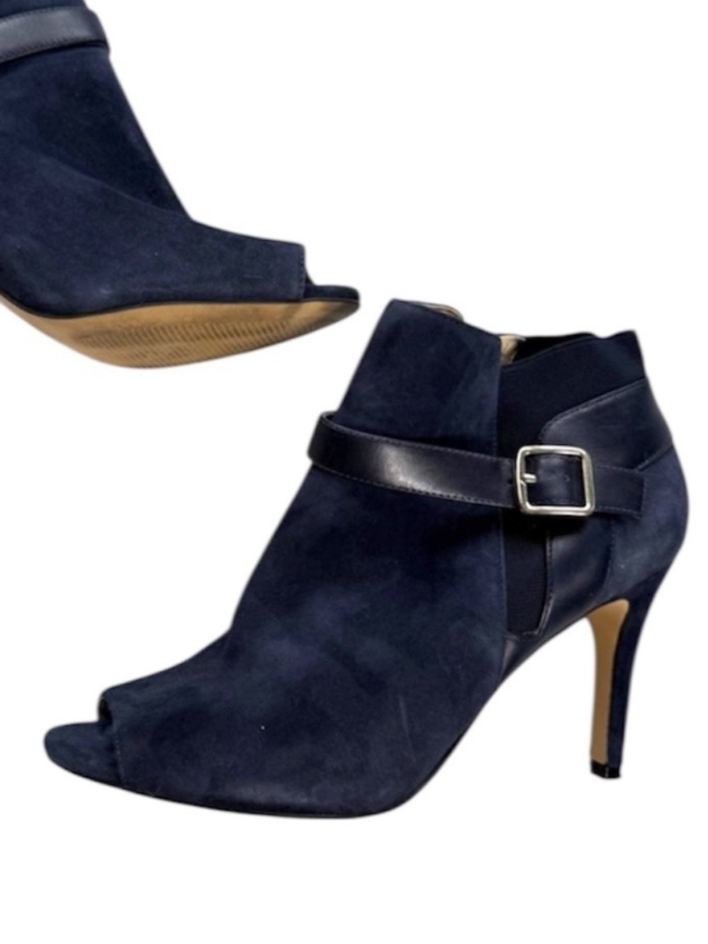 Marc Fisher Navy Suede Leather Peep Toe Ankle Boot Heels Size 8M